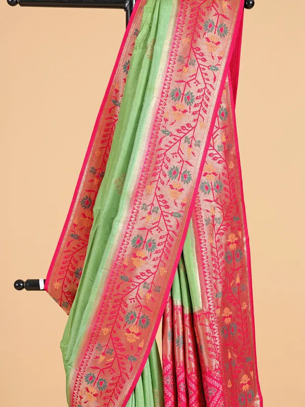 Elegant printed pista green silk saree