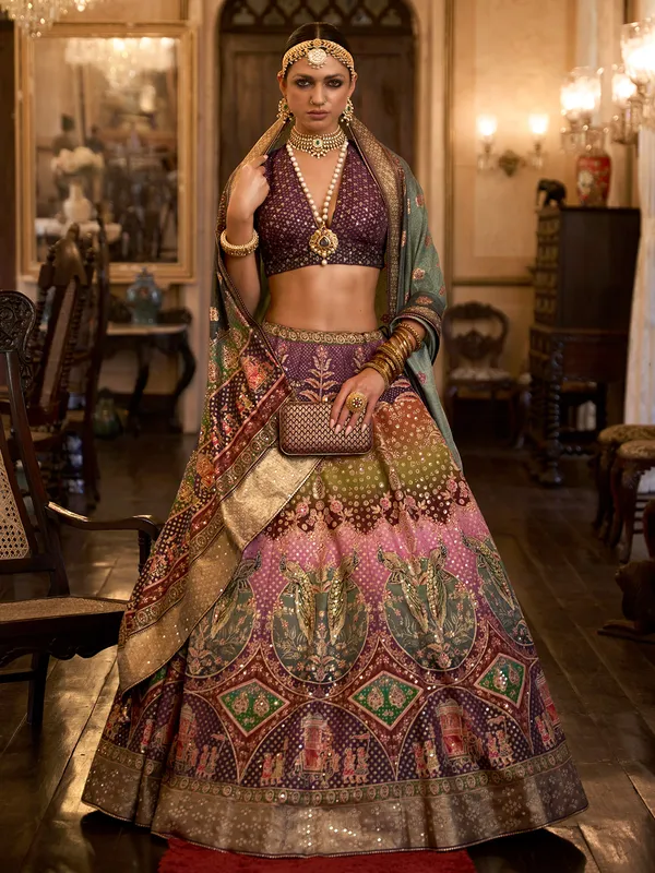 Elegant printed purple silk lehenga choli