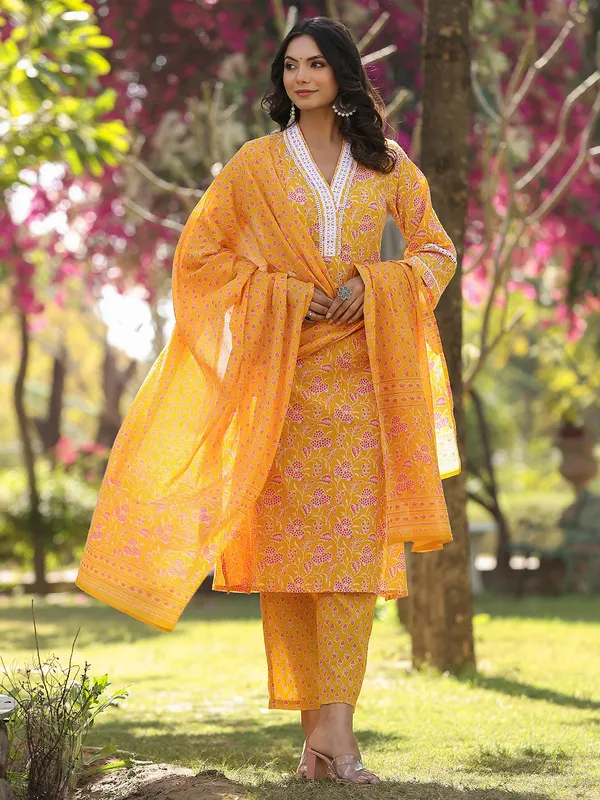 Elegant printed yellow cotton kurti set