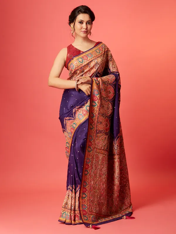 Elegant purple pashmina silk saree for wedding