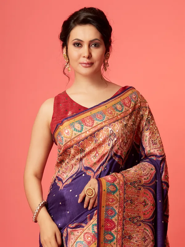 Elegant purple pashmina silk saree for wedding