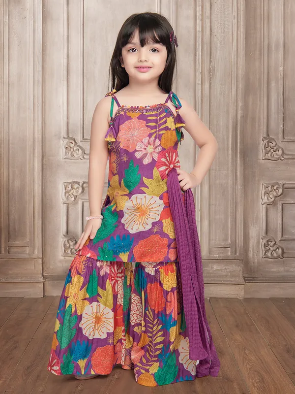 Elegant purple printed silk sharara suit