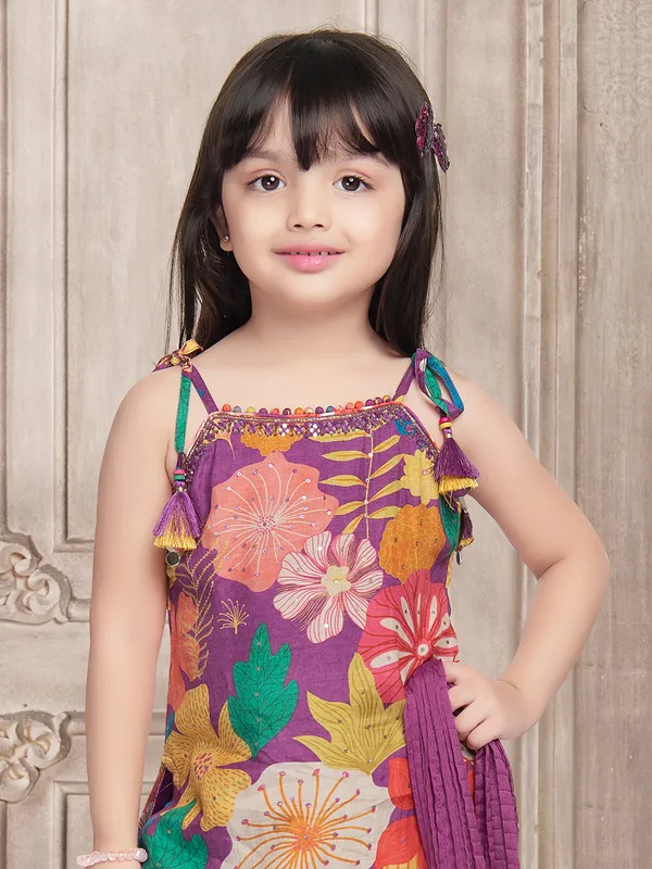 Elegant purple printed silk sharara suit