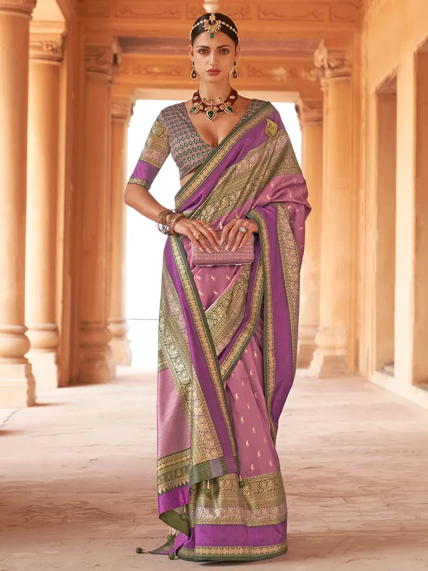 Elegant purple silk printed saree