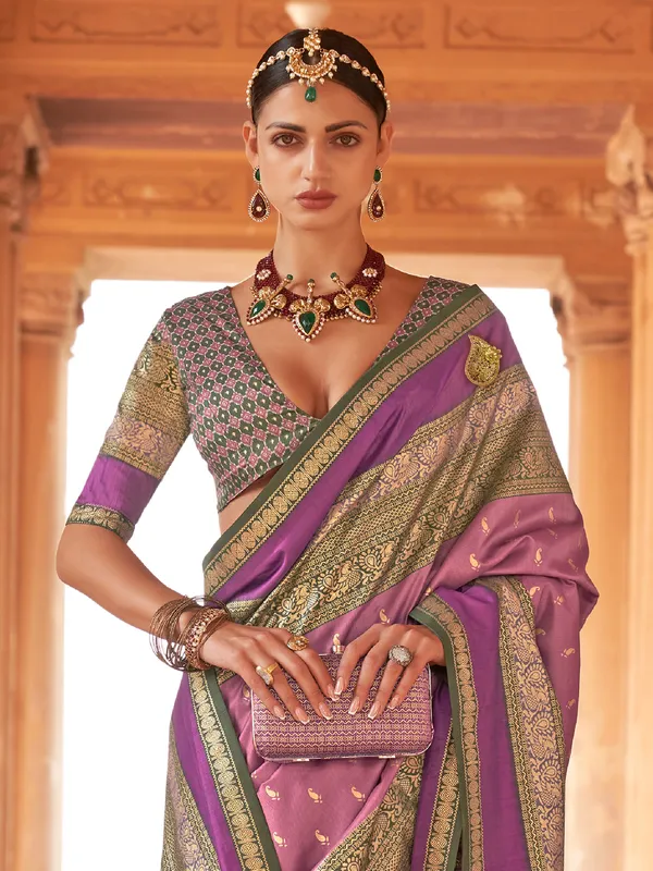 Elegant purple silk printed saree