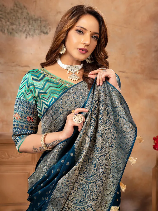 Elegant rama blue dola silk saree