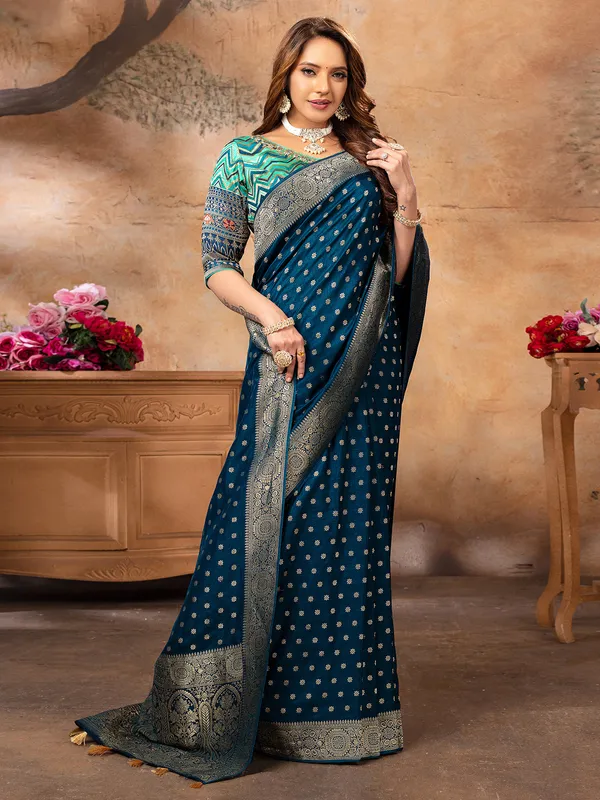 Elegant rama blue dola silk saree