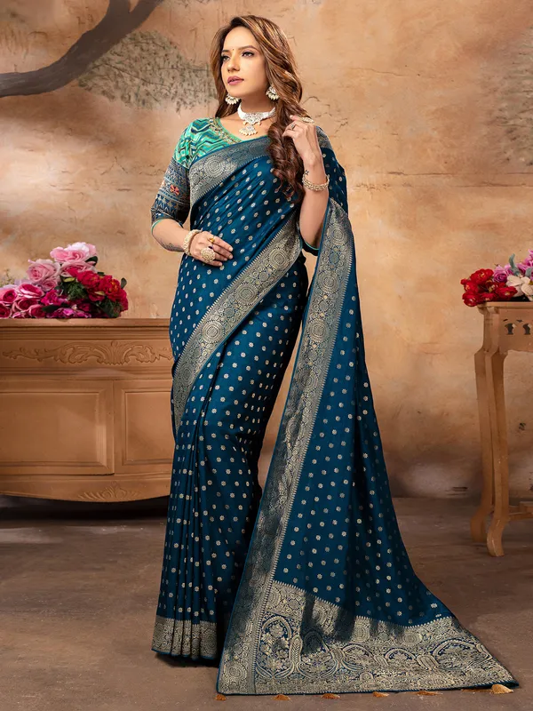 Elegant rama blue dola silk saree
