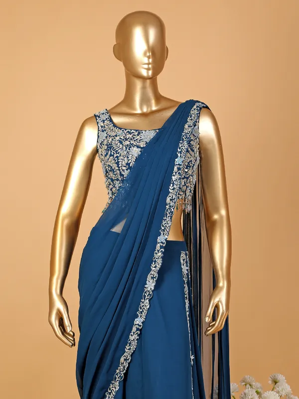 Elegant rama blue georgette ready-drape saree