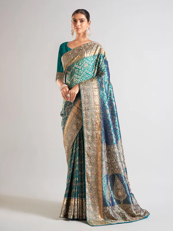 Rama blue silk wedding wear saree