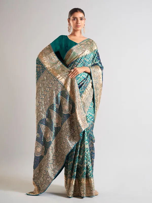 Rama blue silk wedding wear saree