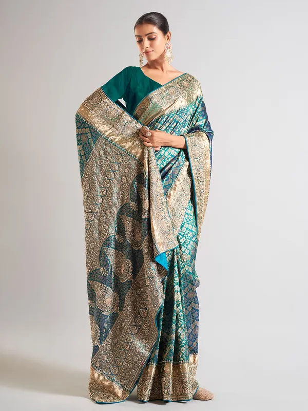 Rama blue silk wedding wear saree