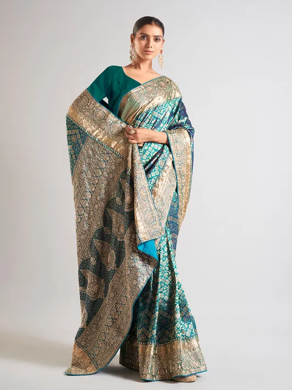 Rama blue silk wedding wear saree