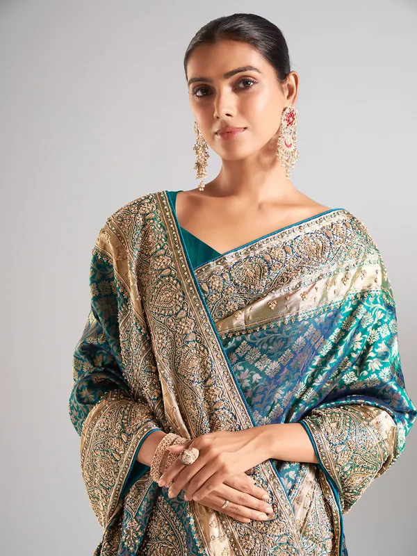 Rama blue silk wedding wear saree