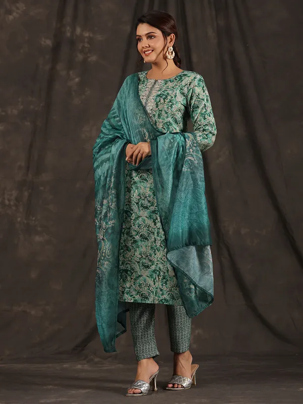 Elegant rama green printed cotton kurti set