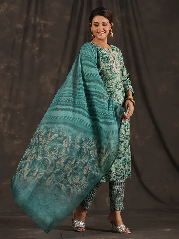 Elegant rama green printed cotton kurti set