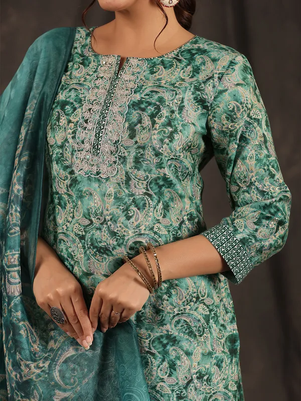 Elegant rama green printed cotton kurti set