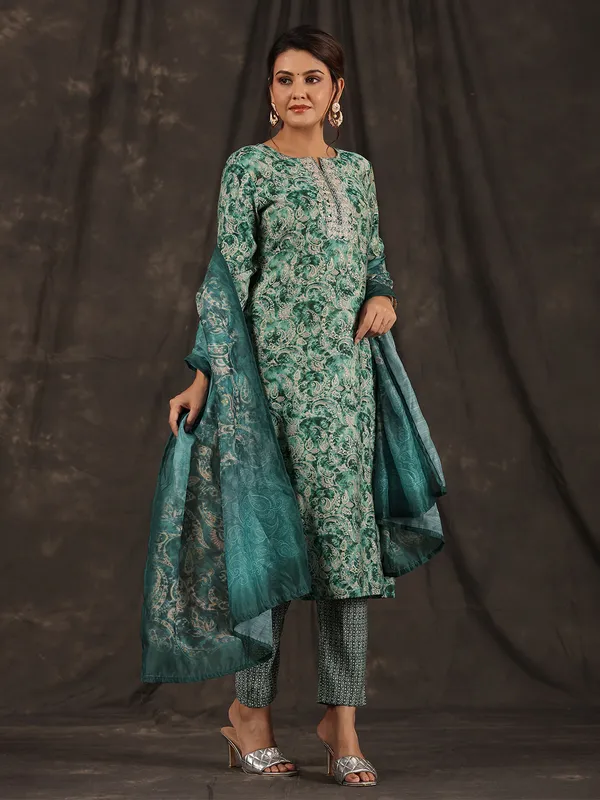 Elegant rama green printed cotton kurti set