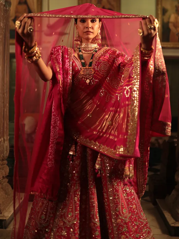 Elegant rani color lehenga choli in raw silk