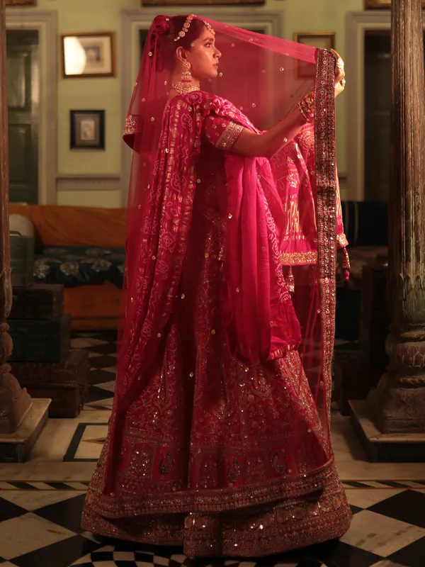 Elegant rani color lehenga choli in raw silk
