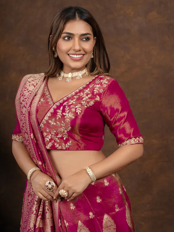 Elegant rani color tissue silk saree