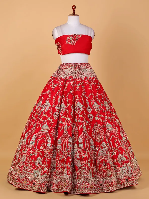 Elegant raw silk red bridal lehenga choli