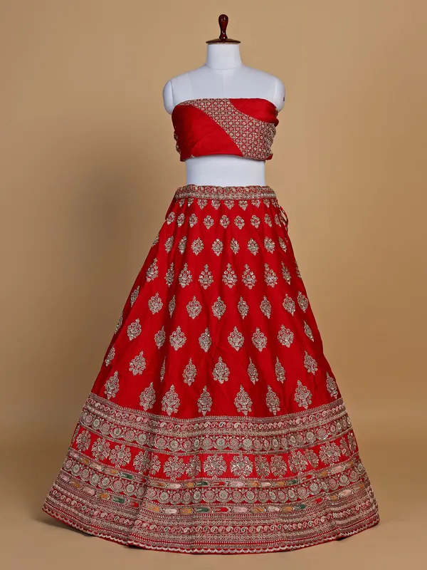 Elegant raw silk unstitched lehenga choli in red
