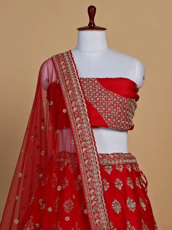 Elegant raw silk unstitched lehenga choli in red