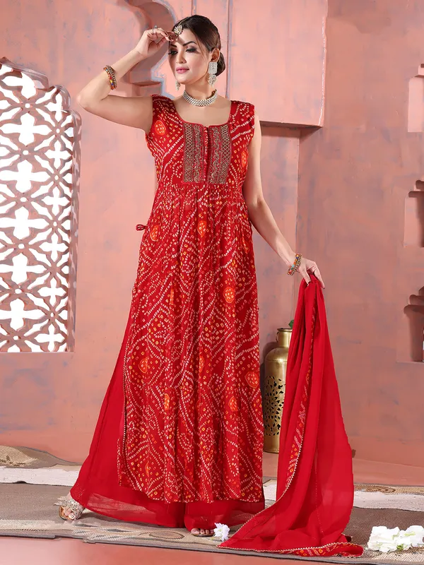 Elegant red georgette nyra cut palazzo suit
