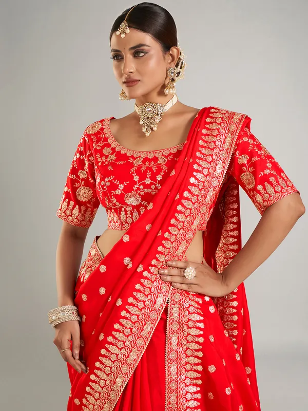 Elegant red georgette wedding wear saree