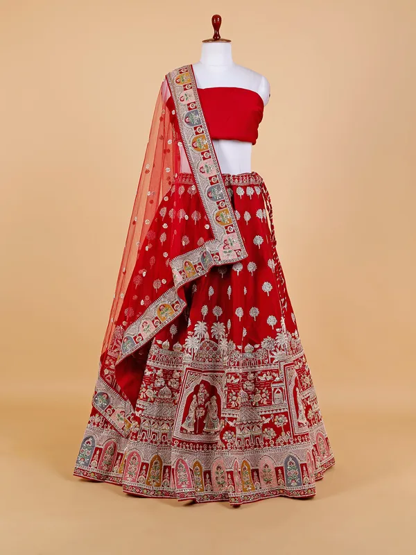 Elegant red raw silk unstitched bridal lehenga choli