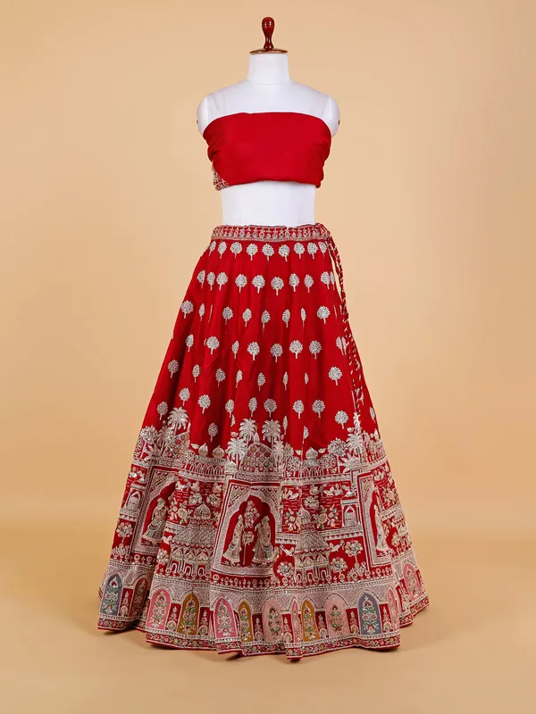 Elegant red raw silk unstitched bridal lehenga choli