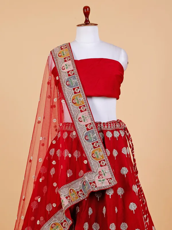 Elegant red raw silk unstitched bridal lehenga choli