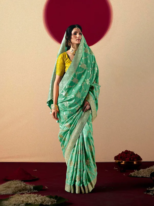 Elegant sea green  dola silk saree