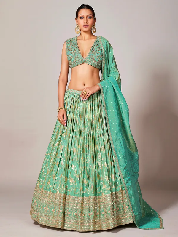 Elegant sea green tissue silk lehenga choli