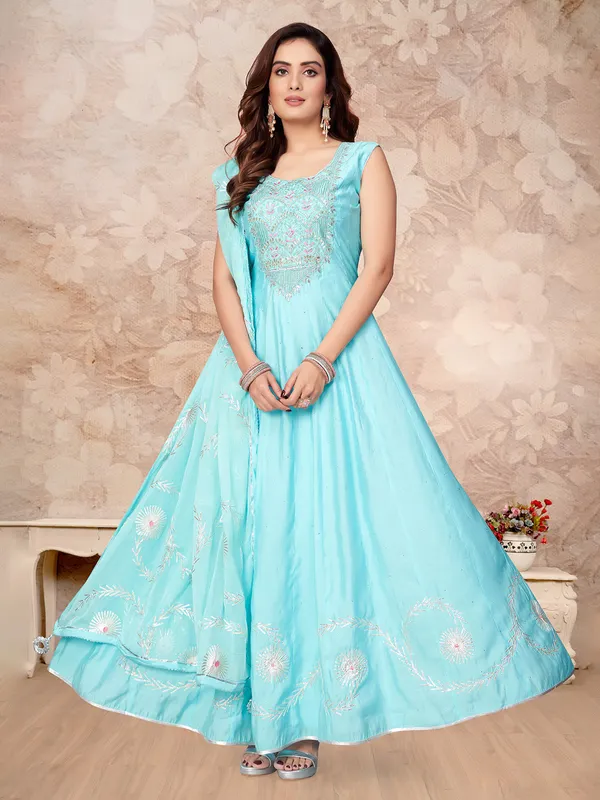 Elegant silk anarkali suit in sky blue