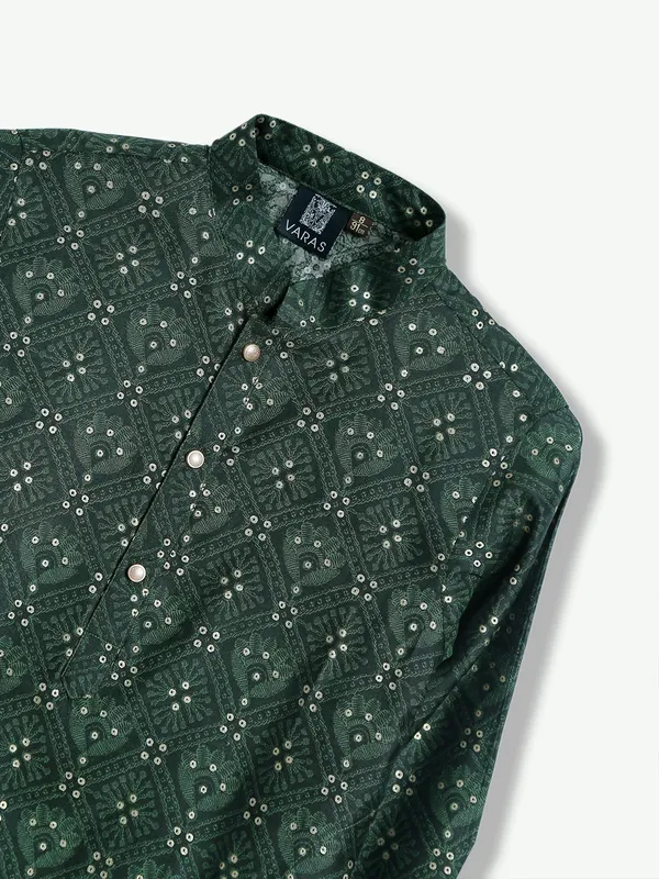 Elegant silk dark green printed kurta suit