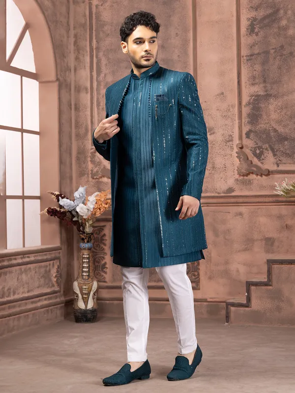 Elegant silk indowestern in teal blue