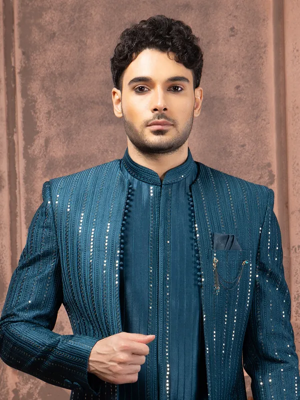 Elegant silk indowestern in teal blue
