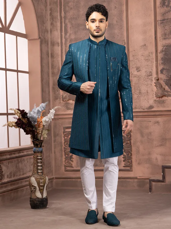 Elegant silk indowestern in teal blue