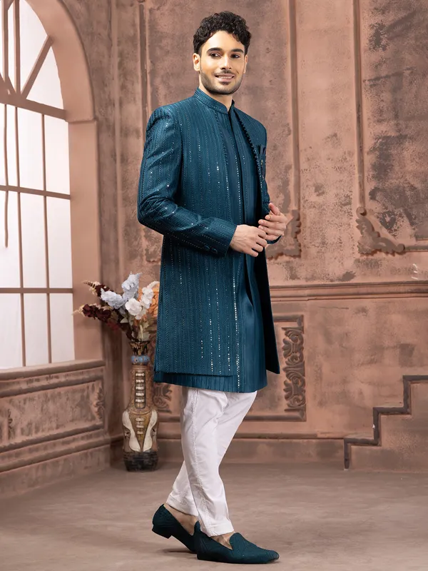 Elegant silk indowestern in teal blue