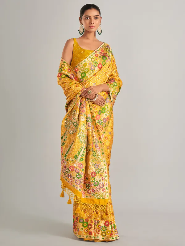 Silk mustard yellow bandhani print saree