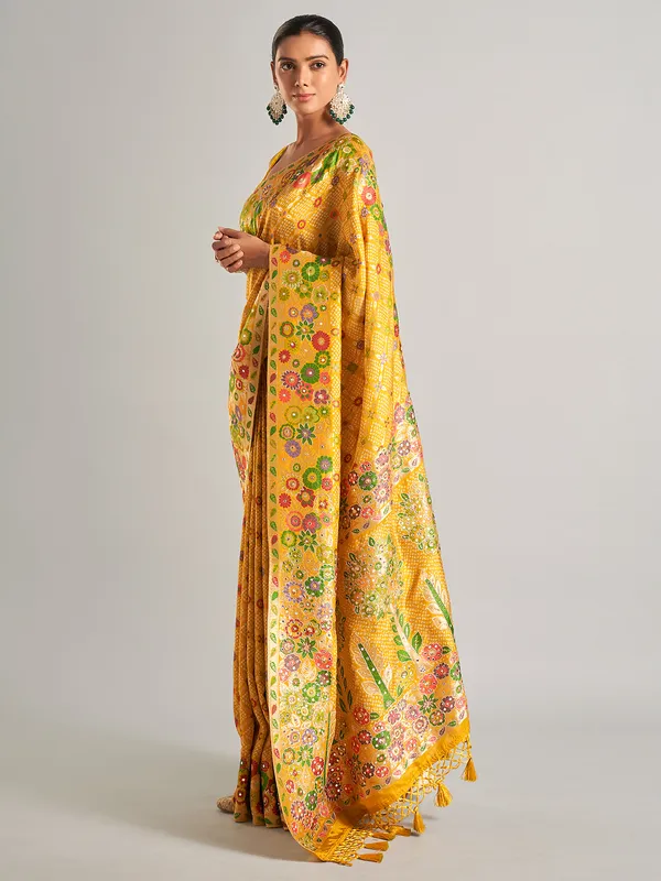 Silk mustard yellow bandhani print saree
