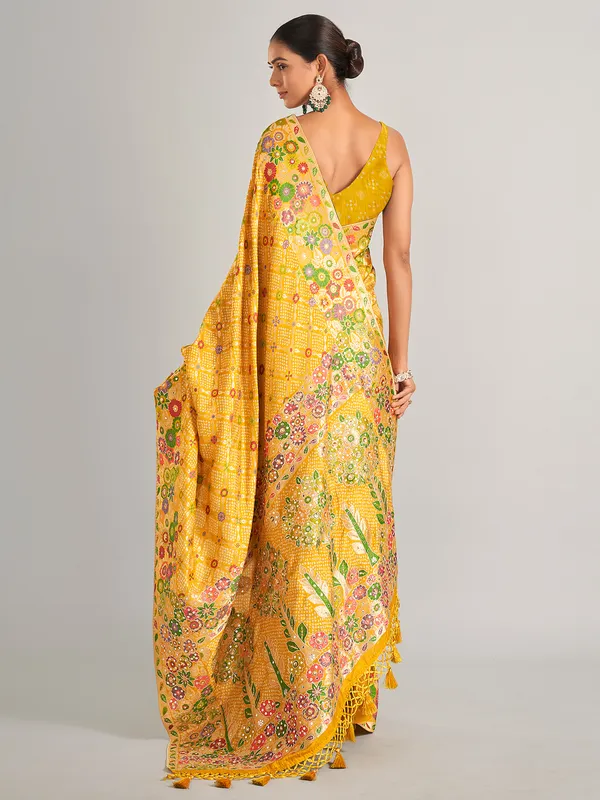 Silk mustard yellow bandhani print saree