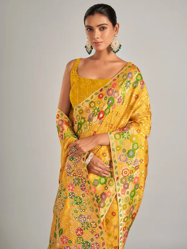 Silk mustard yellow bandhani print saree