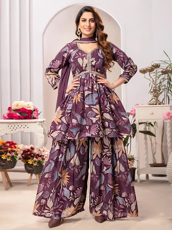 Elegant silk purple printed palazzo suit