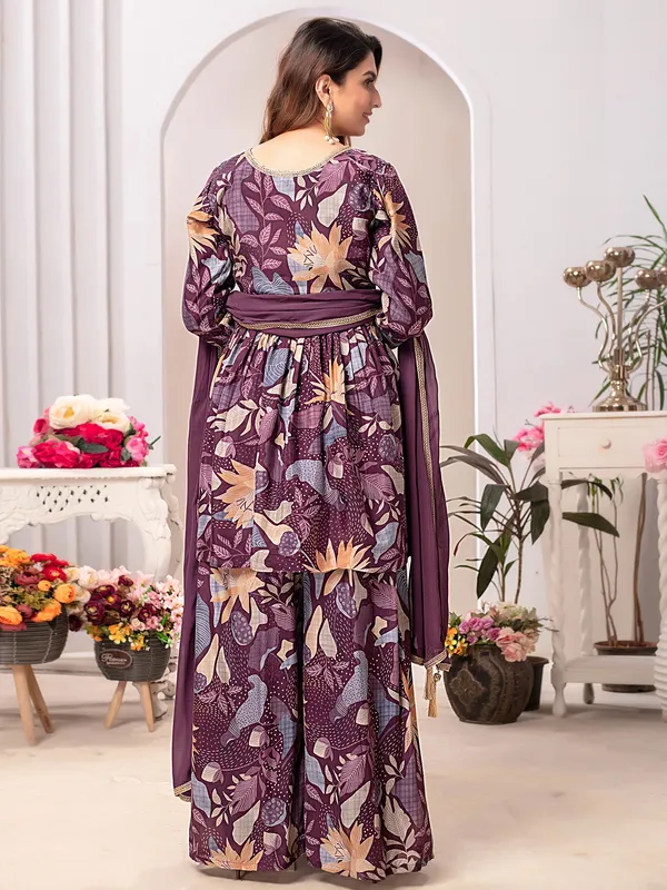 Elegant silk purple printed palazzo suit