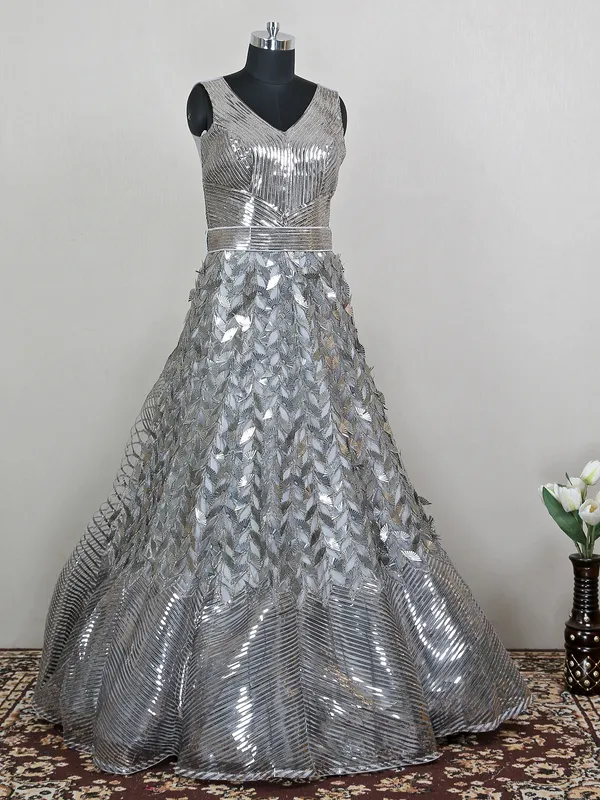Elegant silver wedding ceremonies net gown for women