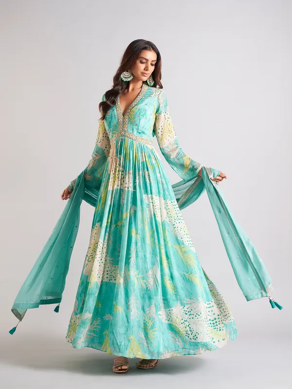 Elegant sky blue anarkali salwar suit