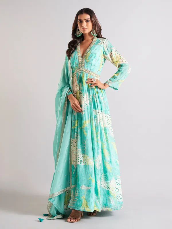 Elegant sky blue anarkali salwar suit
